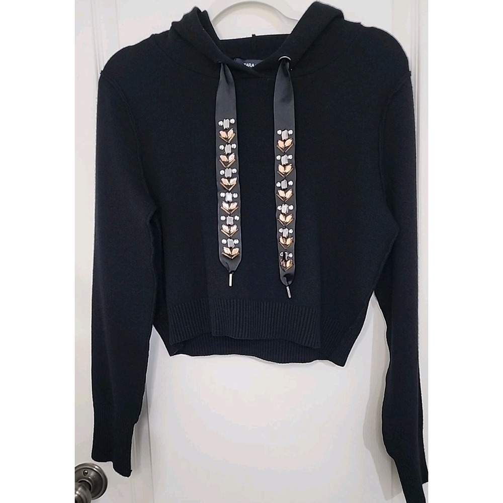Zara Knit Hoodie Womens M Black Cropped Embellished Drawstring Sweater